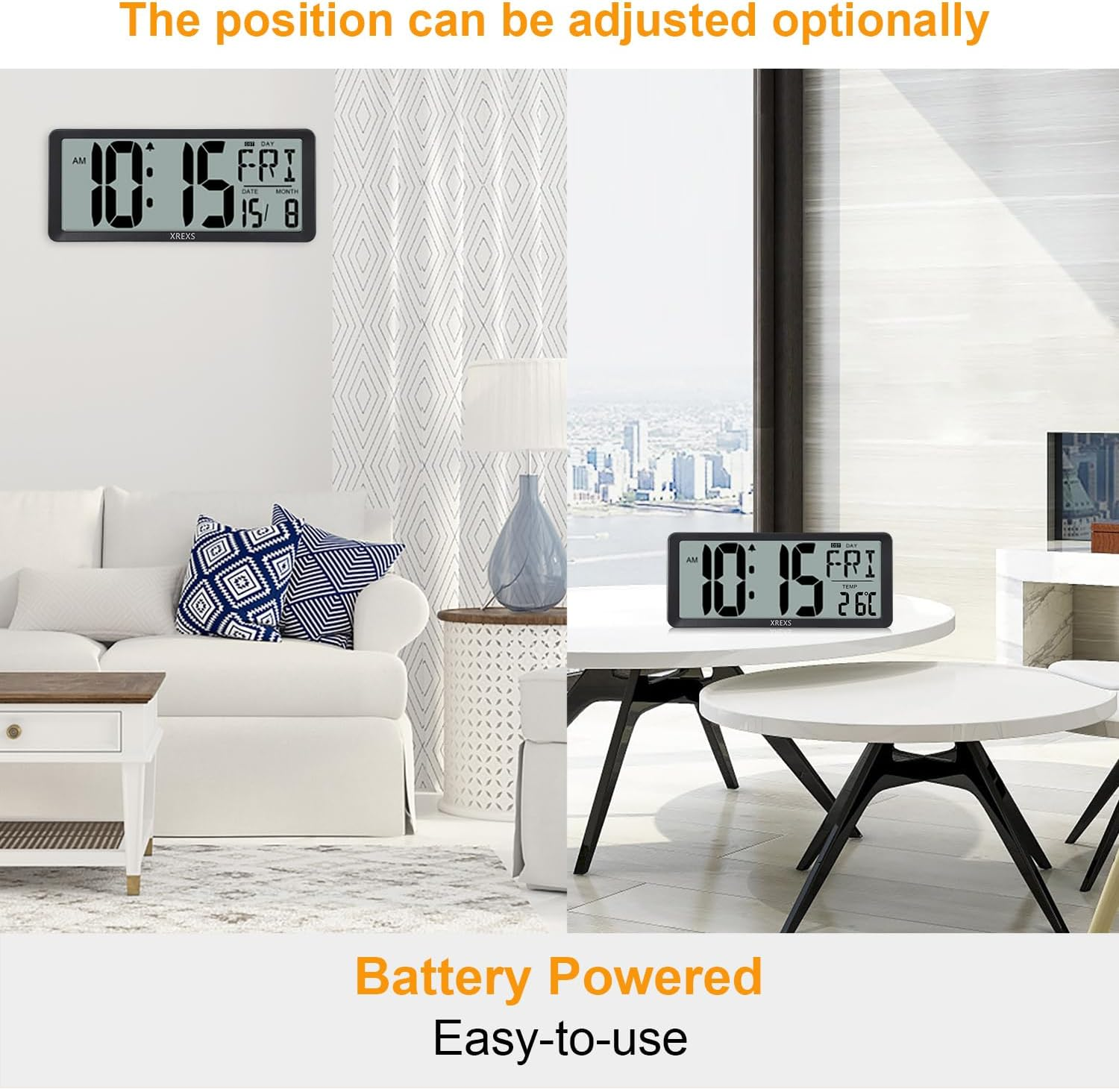 14-Inch Large LCD Digital Wall Clock with Date & Temperature Display (Battery)