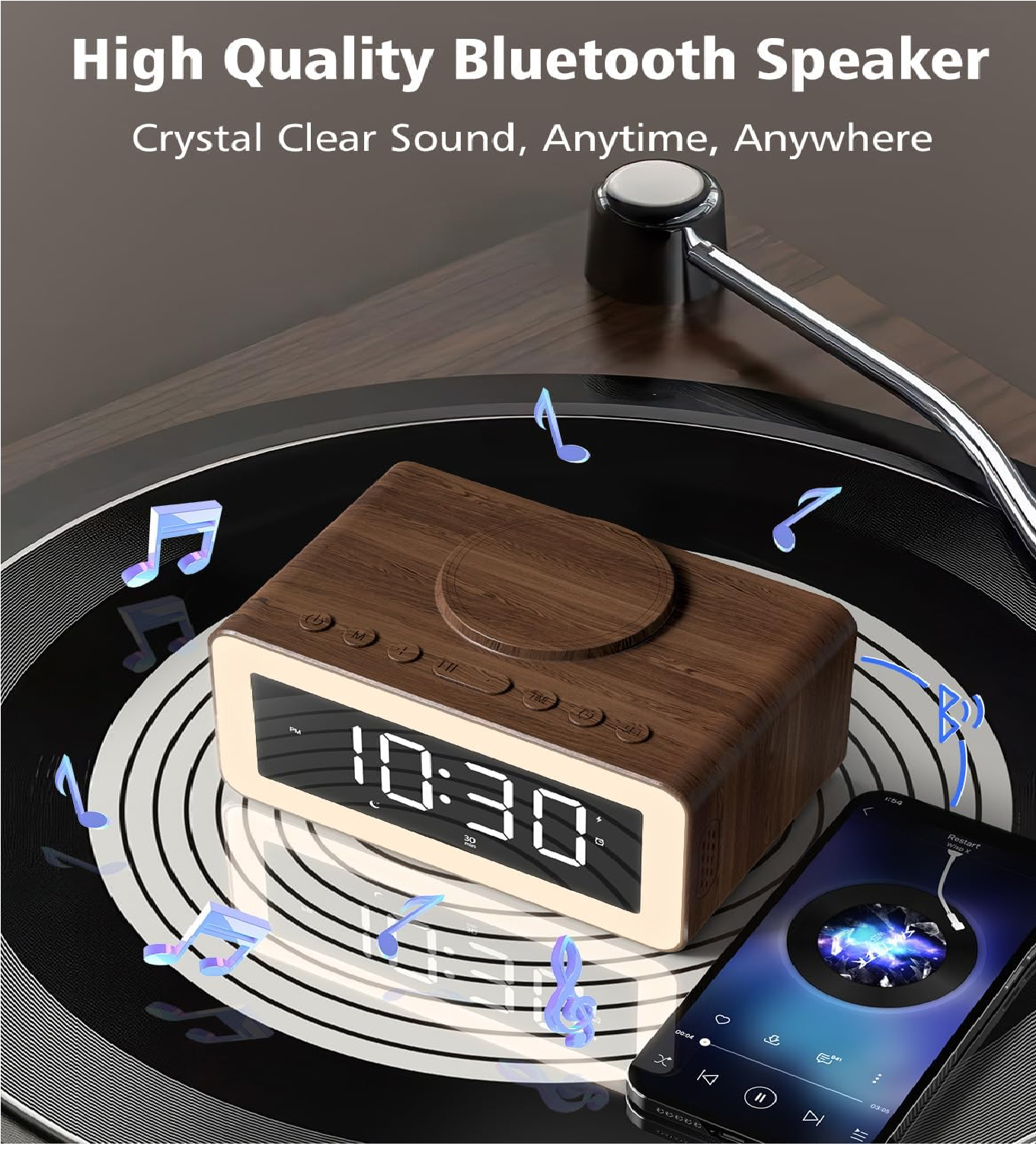 5-in-1 Alarm Clock with Wireless Charger, Bluetooth Speaker & Night Light