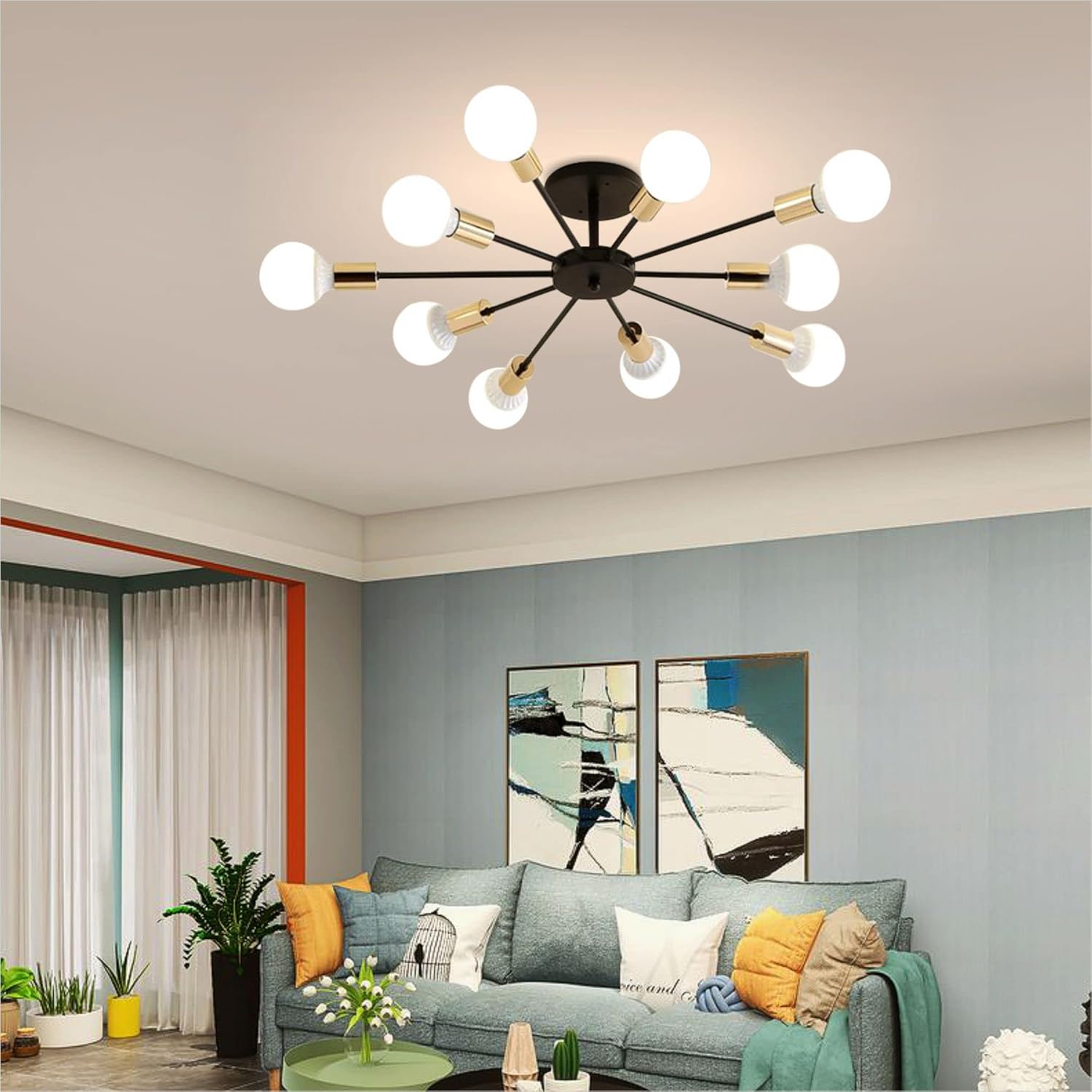 Sputnik Ceiling Light – 10-Light Matte Black Flush Mount Fixture