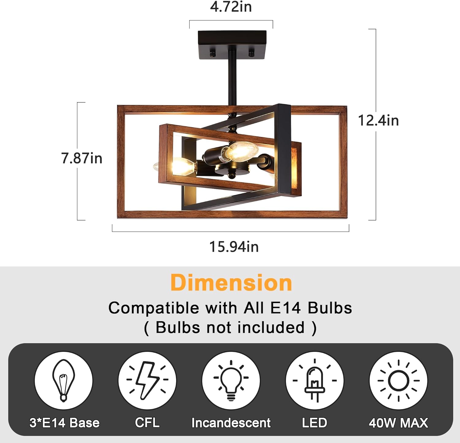 Black 3-Light Vintage Ceiling Light Fixture