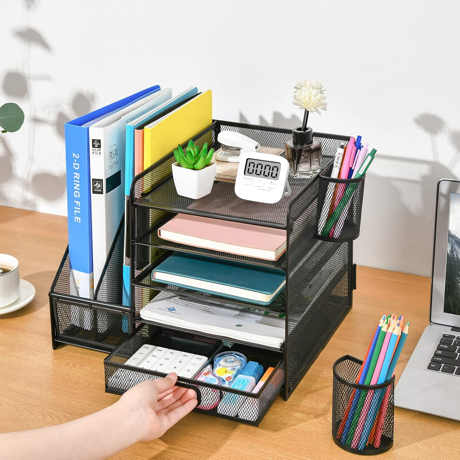 5-Tier Mesh Desk Organiser with Drawer & Pen Holders – File & Paper Tray Storage, Black