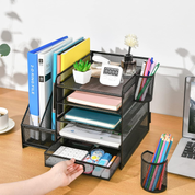 5-Tier Mesh Desk Organiser with Drawer & Pen Holders – File & Paper Tray Storage, Black