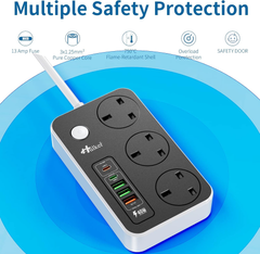 3 Way Extension Lead with USB-C & Fast Charge Ports – 5 USB, 2M Power Strip 3250W