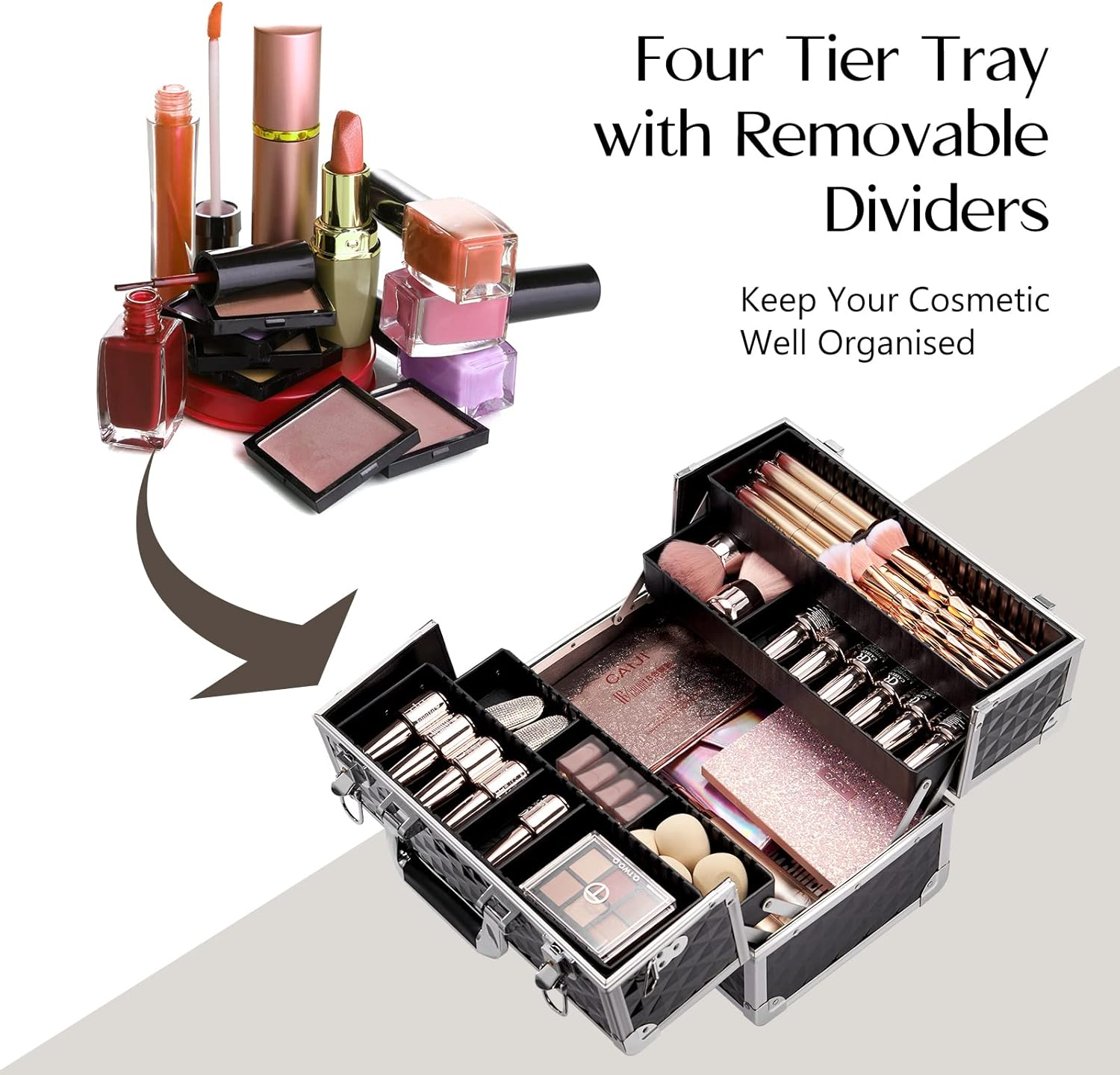 Large Black Makeup Organizer Box – Vanity Case with 4 Trays, Locks & Shoulder Strap