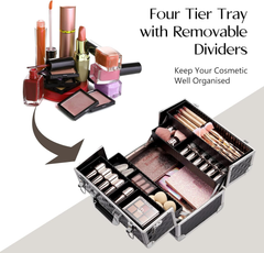 Large Black Makeup Organizer Box – Vanity Case with 4 Trays, Locks & Shoulder Strap