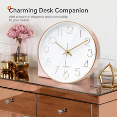 Rose Gold & White 10-Inch Silent Wall Clock, Modern Decorative Design for Home