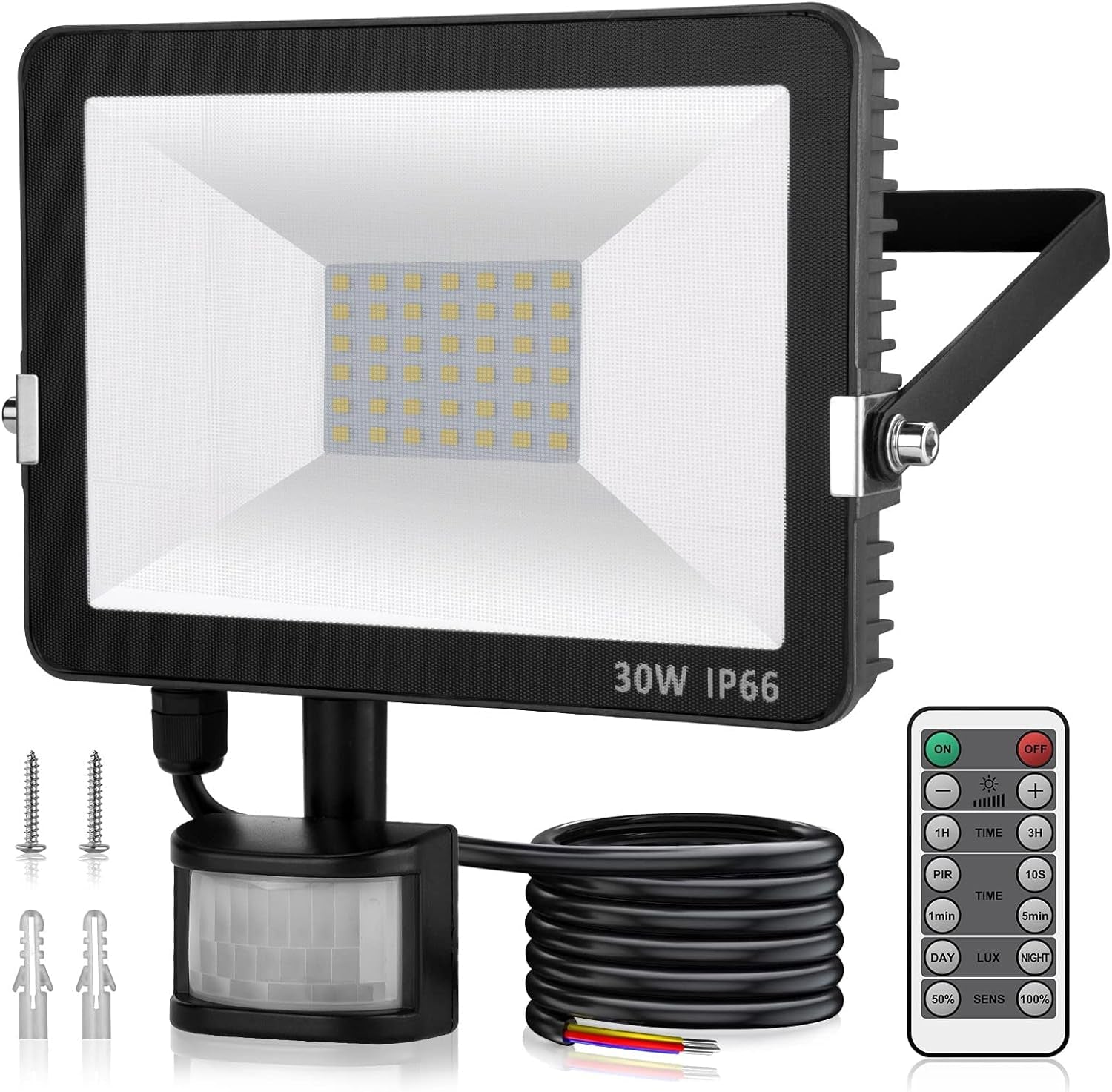 30W LED Security Light Outdoor, 3000LM PIR Motion Sensor Floodlight with IR Remote Control, IP65 Waterproof Cool White Security Light for Garden, Garage, Driveway & Yard