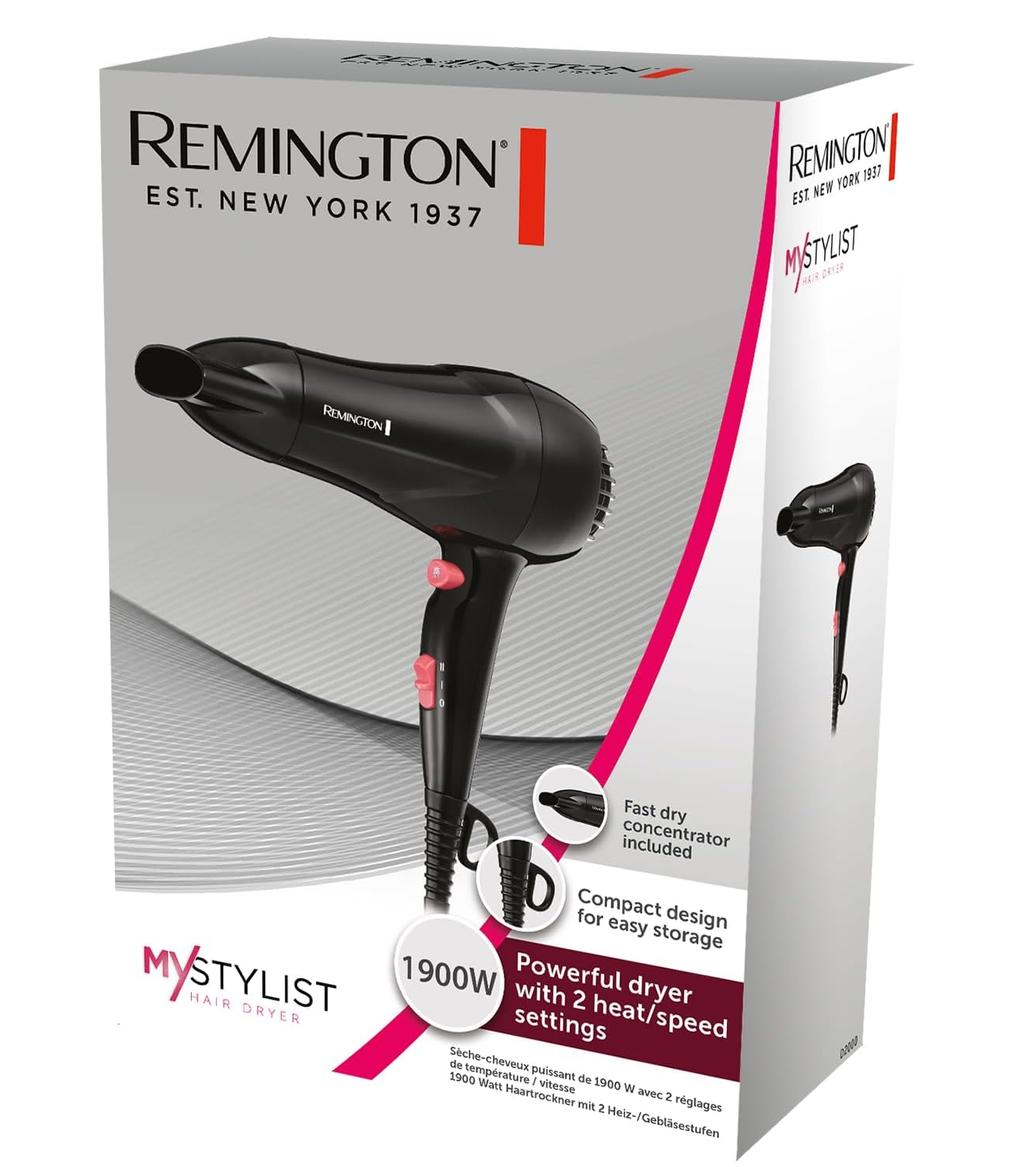 Fast Dry 1900W Ionic Hair Dryer – Lightweight Ceramic Blow Dryer, Black/Pink D2000
