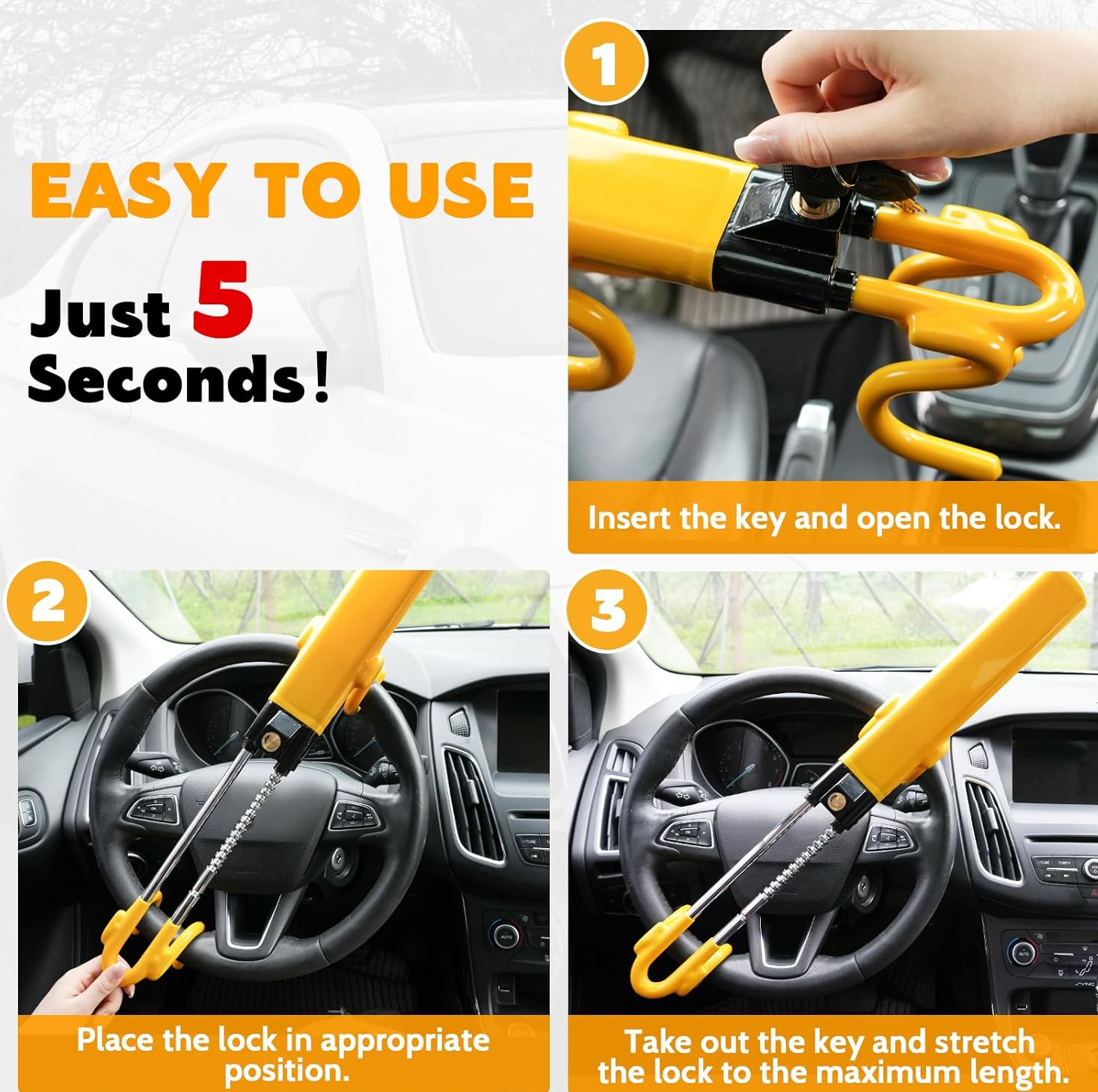 Universal Twin Bar Steering Wheel Lock – Heavy-Duty Adjustable Car Anti-Theft Device with 3 Keys (Yellow)