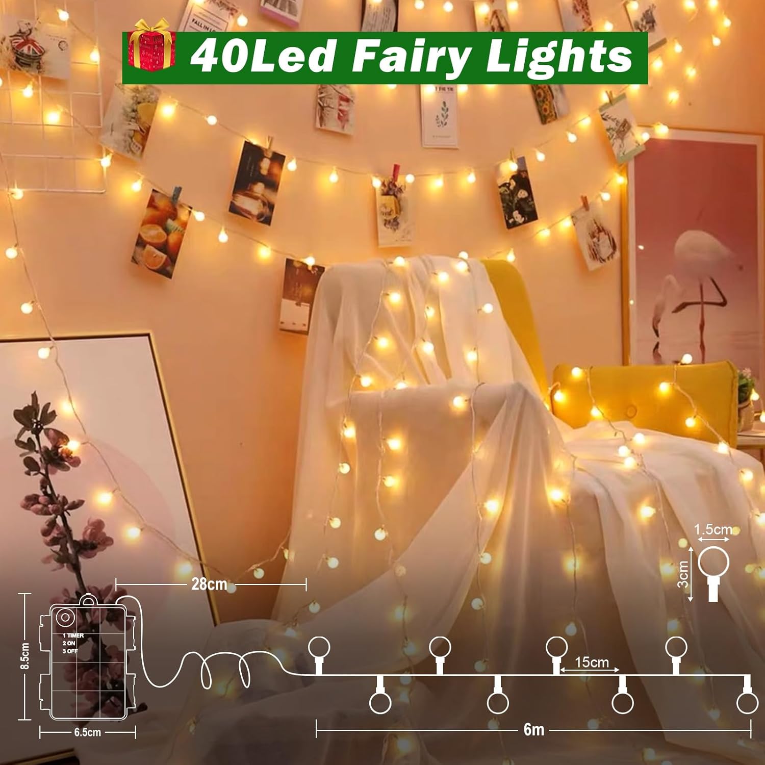 Battery Globe String Lights – 40 Warm White LEDs