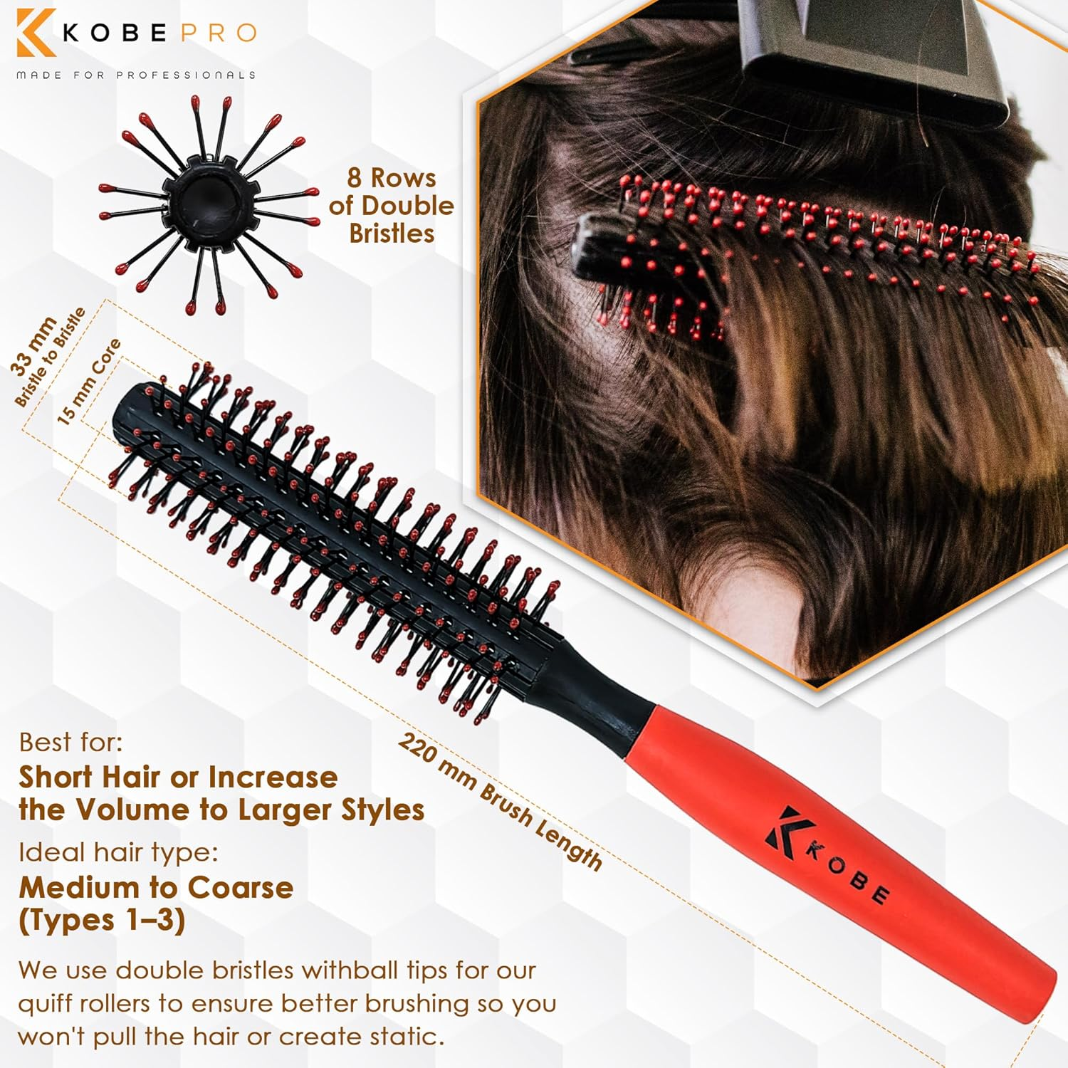 Professional Quiff Roller – Small Round Hair Brush with Rubber Grip for Men & Barbers