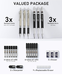6PCS Mechanical Pencil Set – 0.5mm 0.7mm 0.9mm & 2mm Lead Holders with 12 Tube Refills