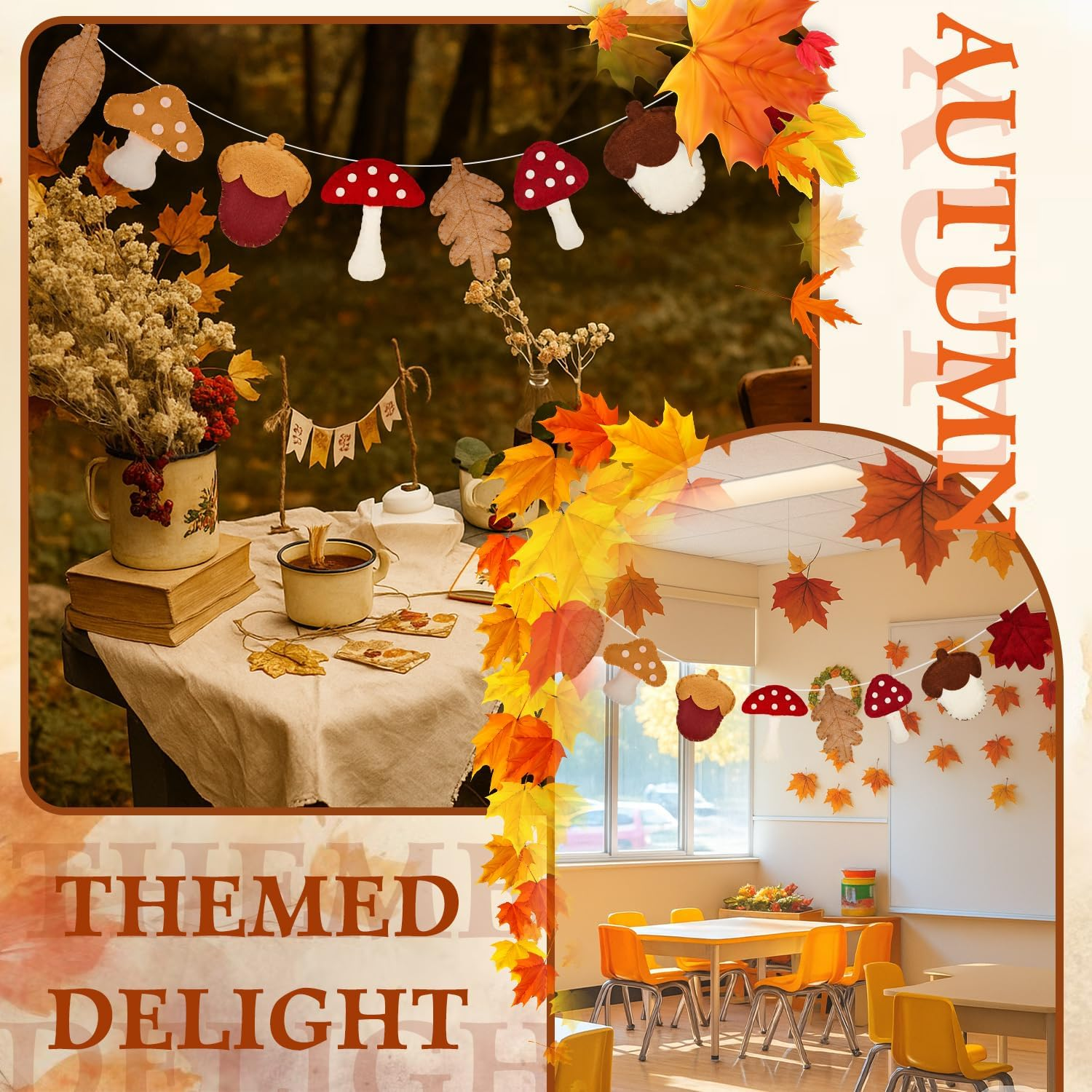 Lights4fun 1.3m Felt Autumn Garland – Cosy Fireplace Banner with Leaves & Mushrooms
