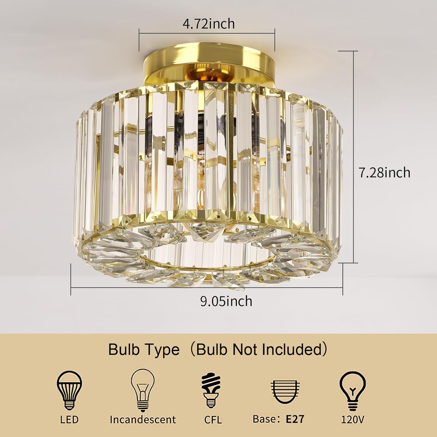Gold Crystal Semi Flush Mount Ceiling Light, Modern Industrial Fixture