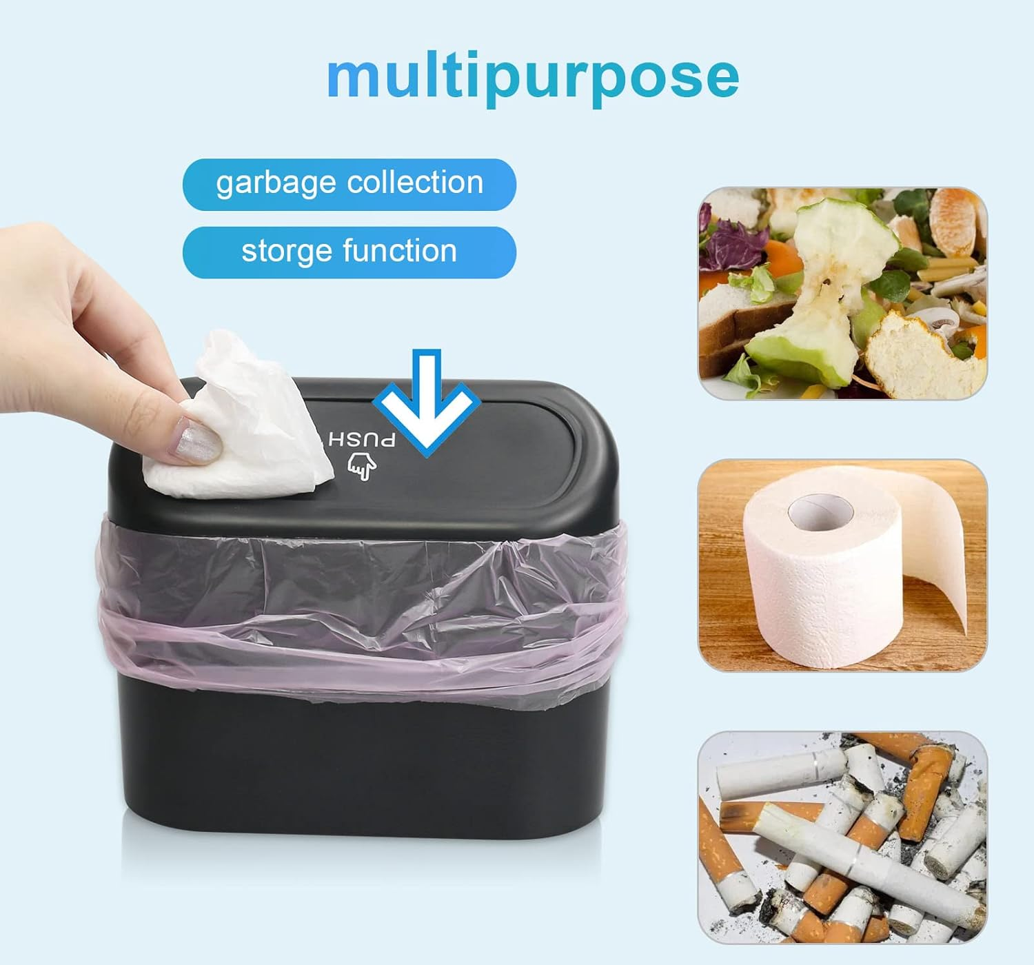 ABS Waterproof Mini Trash Can with 90 Bags – Push-Lid Car, Home & Office Organizer Bin (16×14×7cm)