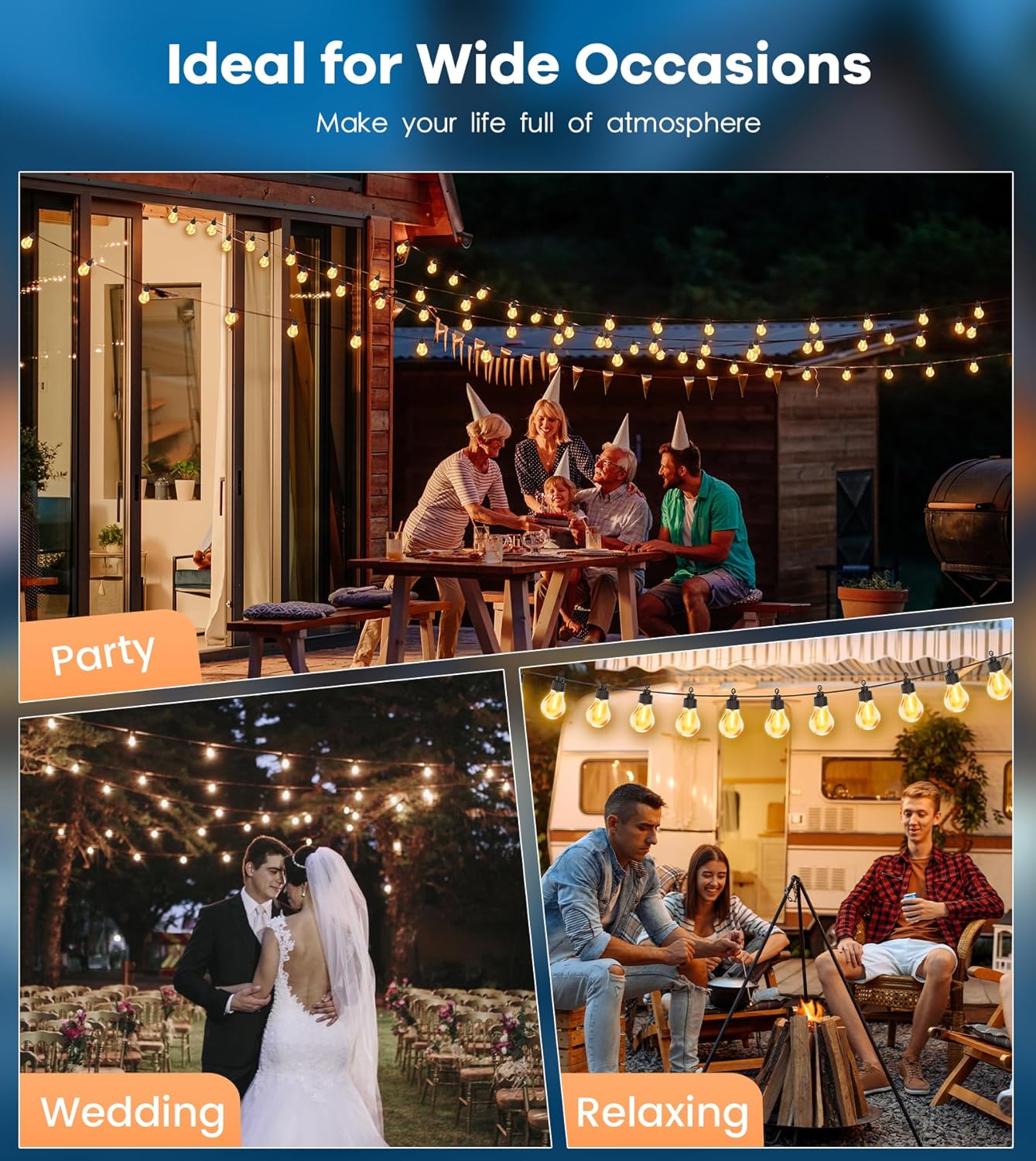 Solar String Lights Outdoor 15M/50FT – USB & Solar Powered Garden Festoon Lights