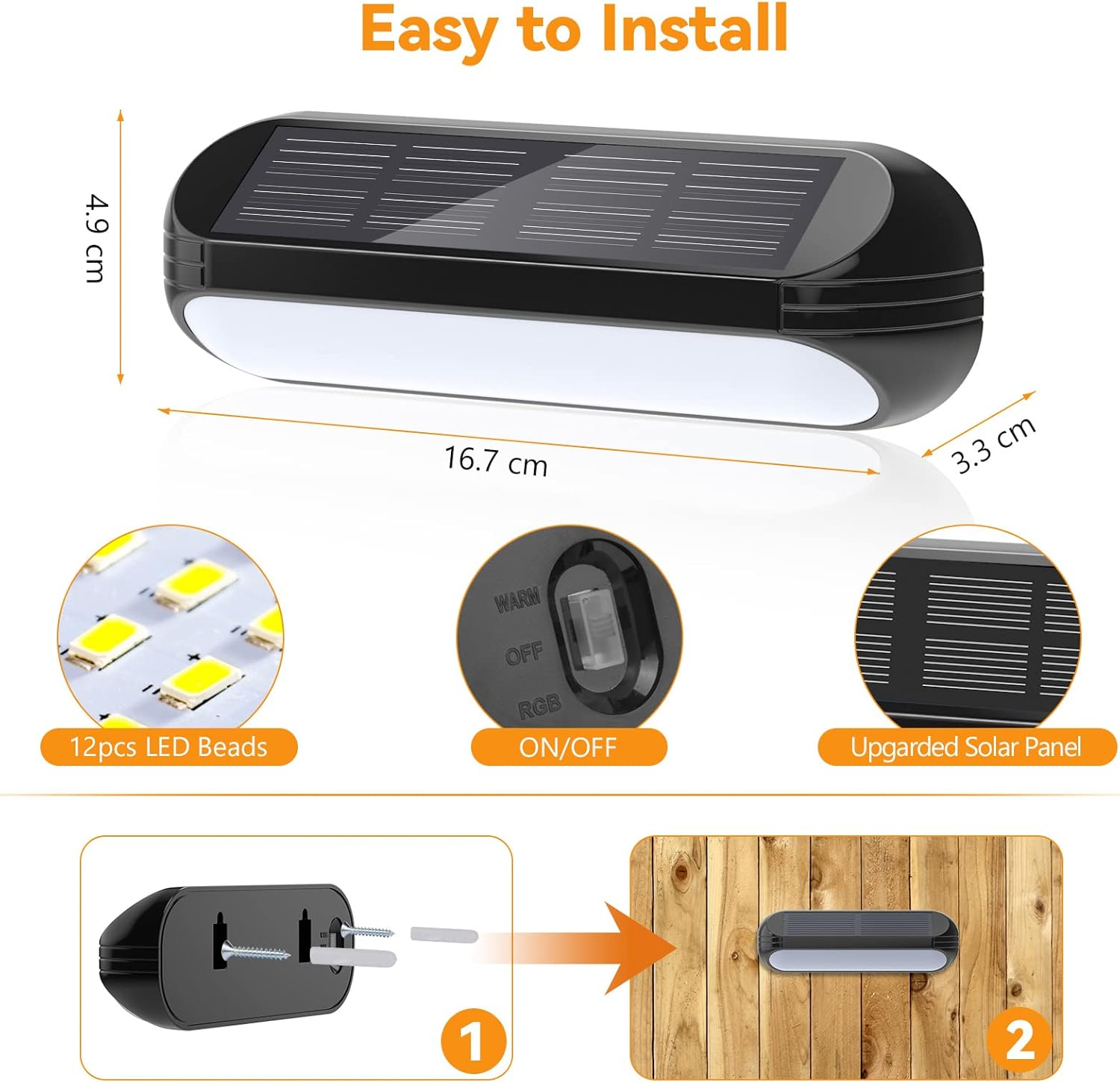 4 Pack Solar Fence Lights – Outdoor Waterproof LED Lights with Warm White & Color-Changing Modes for Deck, Yard & Pathway