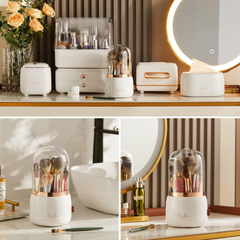 360° Rotating Makeup Organizer with Dustproof Lid – Acrylic Brush & Cosmetic Holder (White)