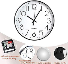 12-Inch Silent Quartz Wall Clock, Non-Ticking Decorative Clock for Home & Office (Black)