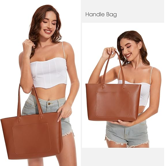 Large Leather Tote Bag for Women – Work & School Handbag with Zipper & Pockets