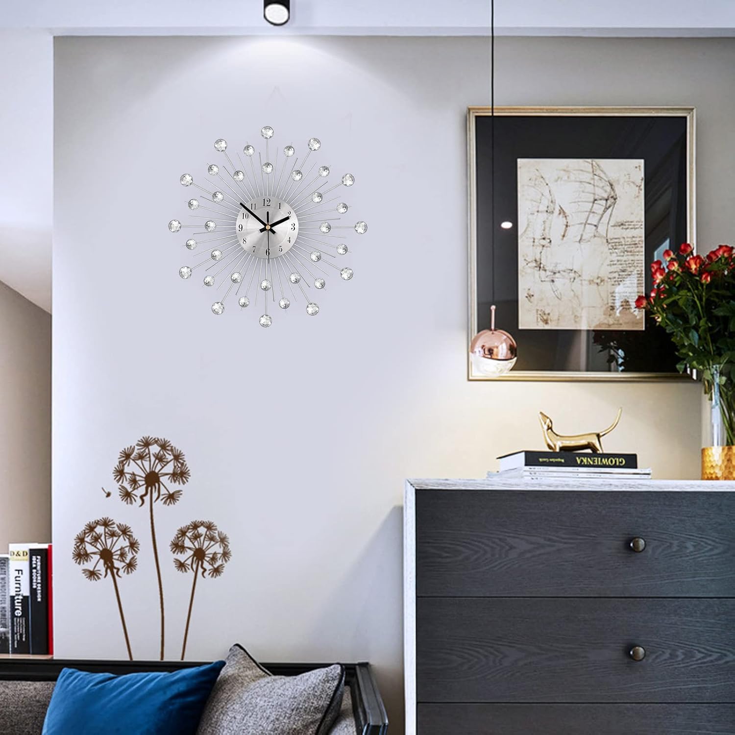 Modern Crystal Diamond Flower Wall Clock for Living Room