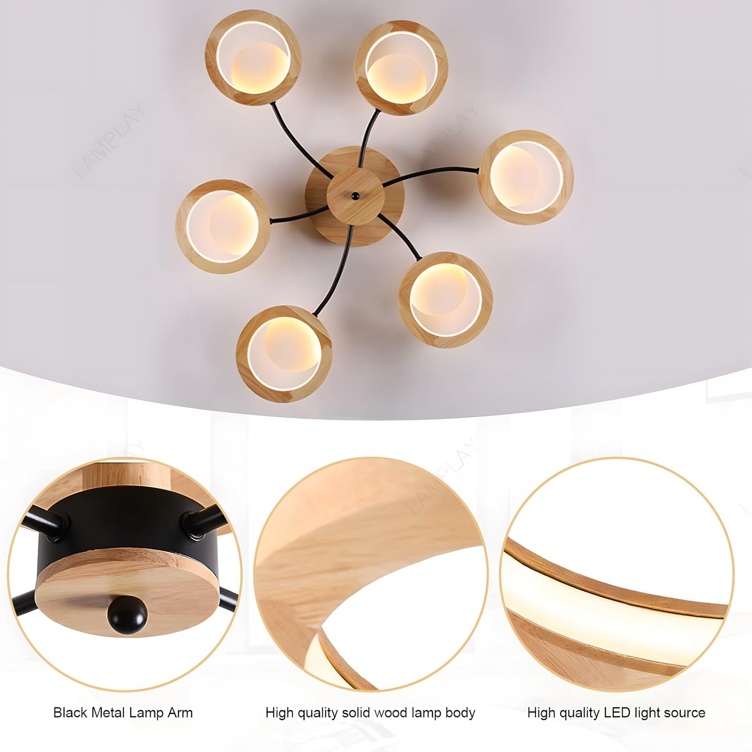 94cm LED Wooden Ceiling Light – Dimmable with Remote, Flower Design