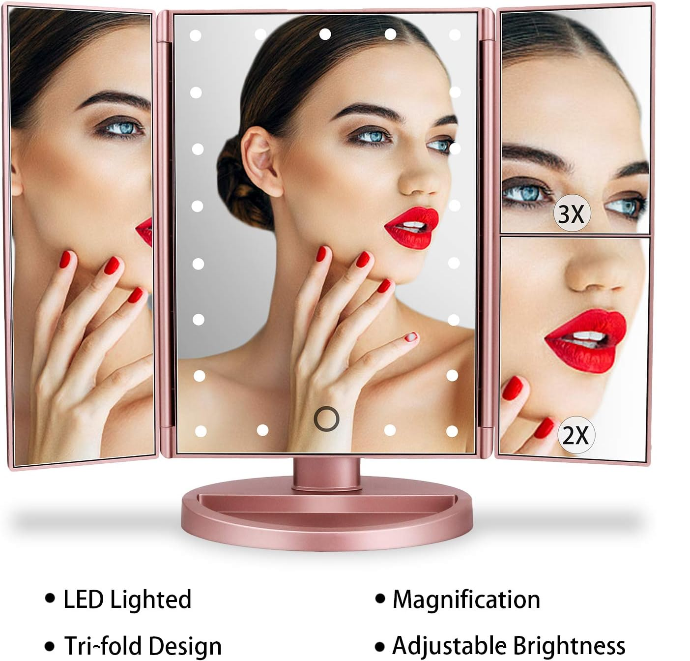 DeWEISN Lighted Makeup Vanity Mirror – 21 LED, 3X/2X/1X Magnification, Rose Gold