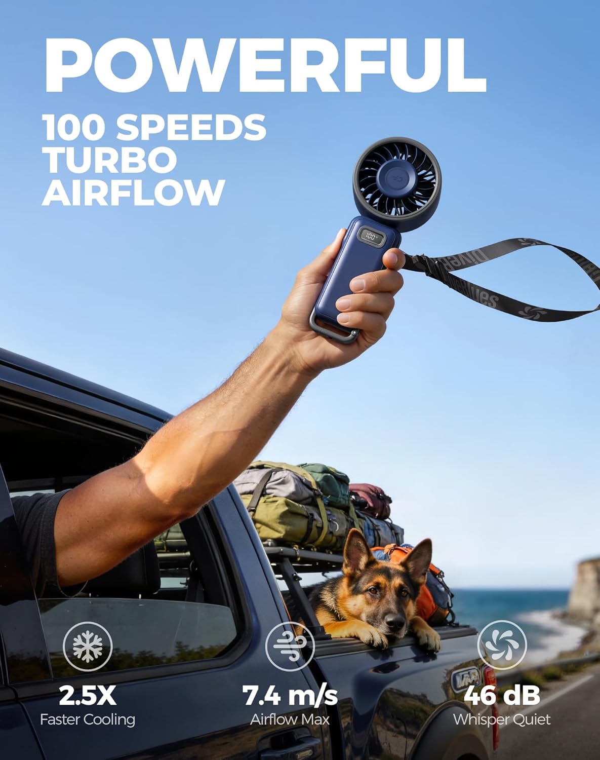 Diveblues Portable Turbo Fan, Handheld Fan 3-in-1 Neck Desk Foldable Design with Stepless Speed Control, Digital Display, USB-C Rechargeable, Up to 12H Cooling for Travel & Outdoor
