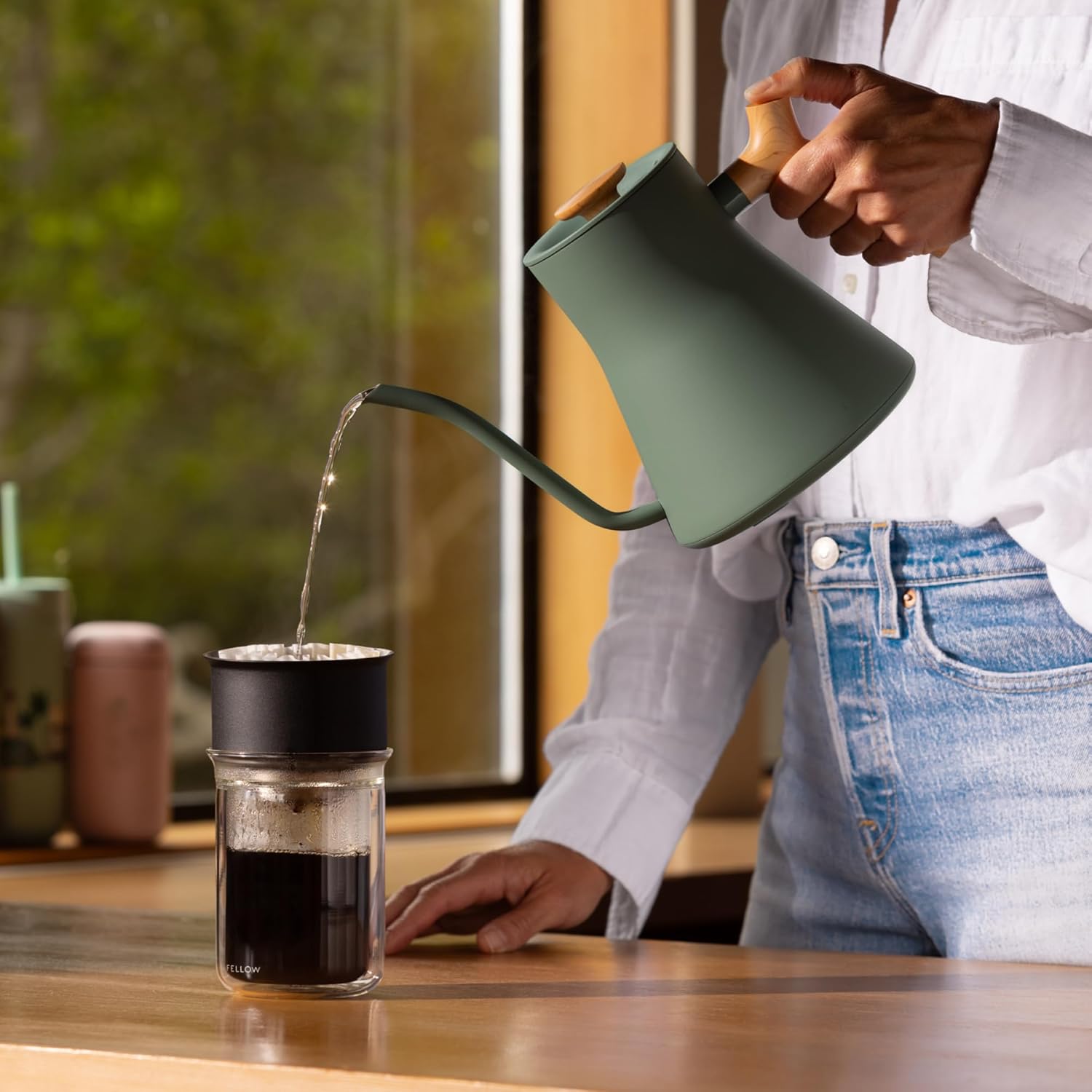 Fellow Stagg EKG 0.9L Electric Gooseneck Kettle, Stainless Steel Pour-Over Coffee & Tea Pot, Quick Heating, Smoke Green Maple Handle