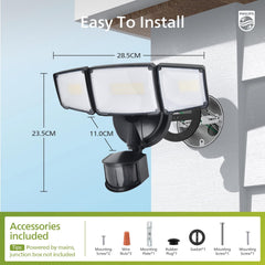 24W LED Security Light Outdoor – 3500LM Floodlight with PIR Motion Sensor, 5000K Daylight, 3 Adjustable Heads, Dusk to Dawn