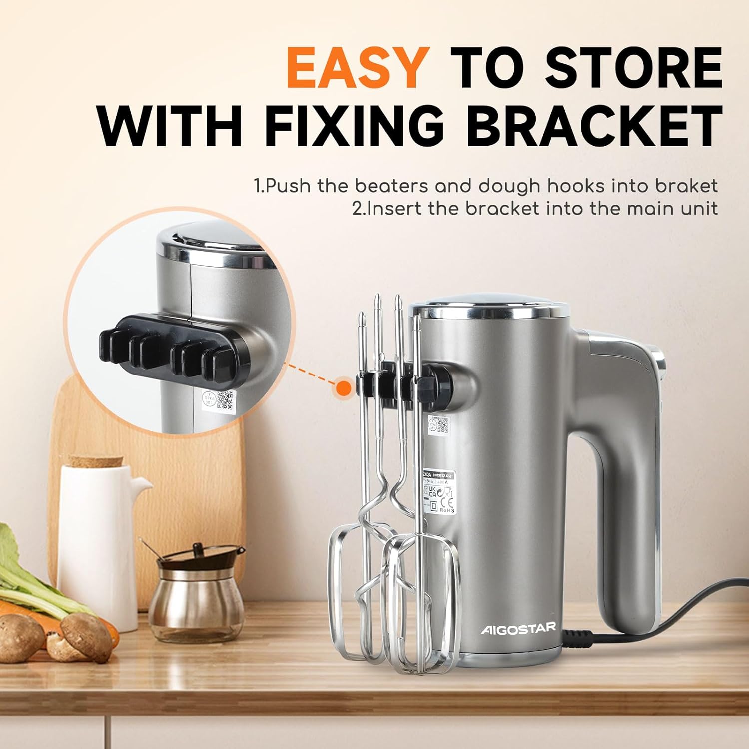 Aigostar Adela 30XQA 400W Hand Mixer – 5 Speeds & Turbo Boost Electric Whisk – Silver