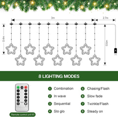 LED Star Curtain Lights 3.5M x 3.5M, 3D Christmas Window Fairy Lights with 8 Flashing Modes, USB & Battery Powered Twinkle String Lights for Indoor Xmas Party Decorations