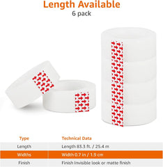 Matte Finish Transparent Tape Refills, 6-Pack Repairing Tape, 5.3 x 1.9cm, Translucent