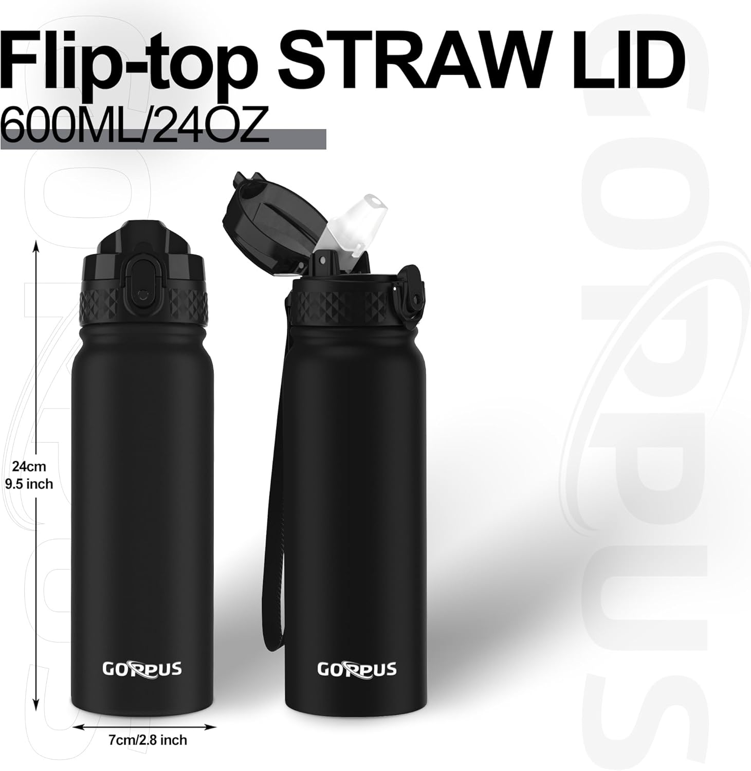 600ml Insulated Stainless Steel Water Bottle – Leakproof Flask with Straw & Strap