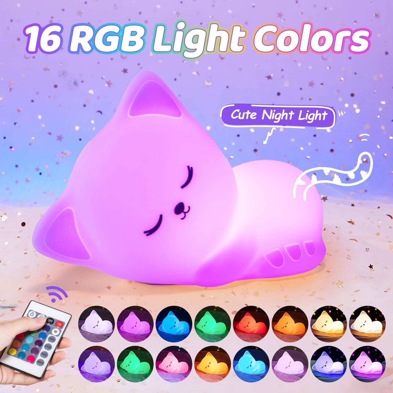 Baby Night Light Kids Lamp, Remote, 16 RGB Colors Cat Night Light, USB Rechargeable Night Light for Newborns, Girls Night Light Kids Bedroom Accessories