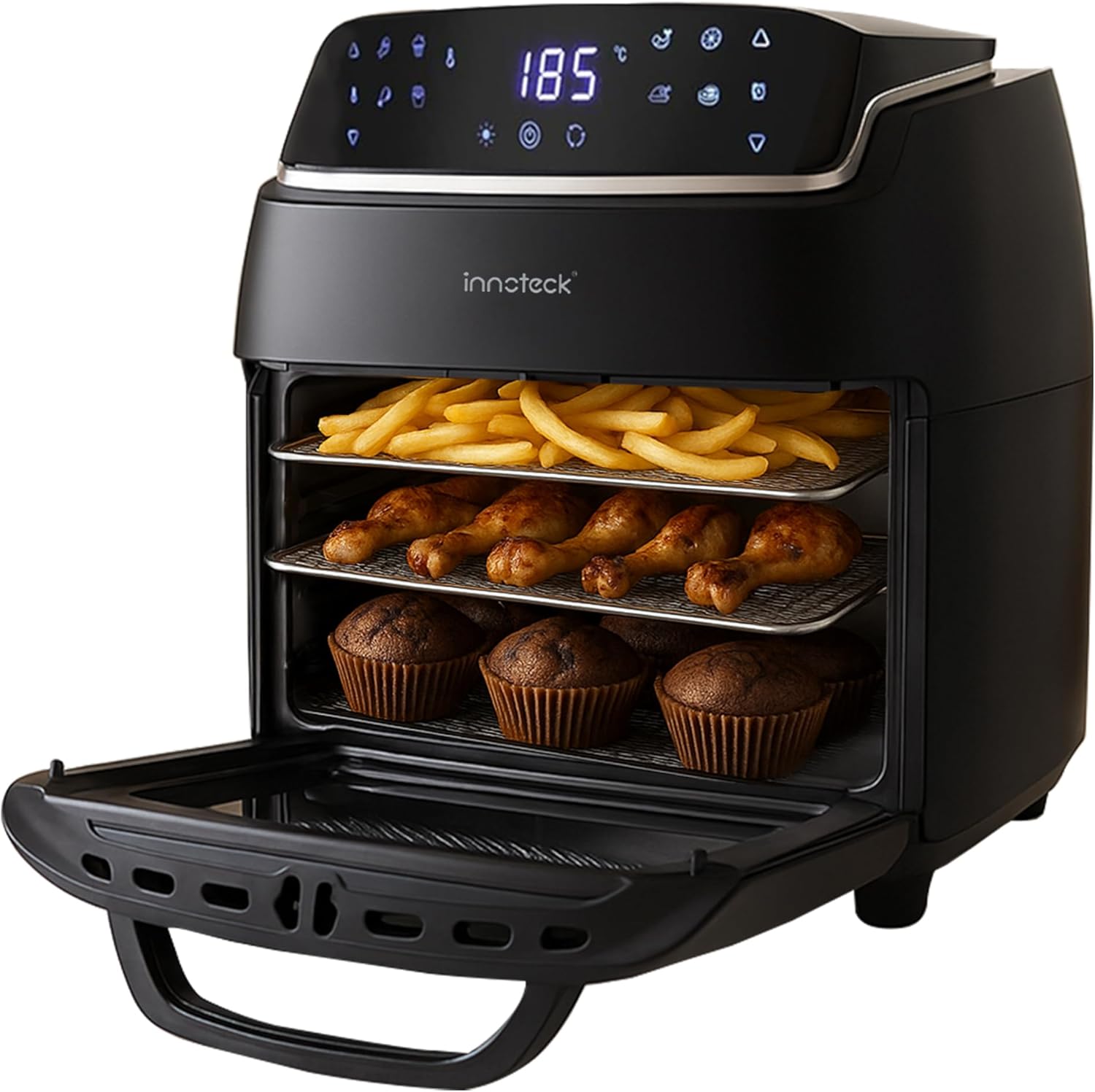 Innoteck 12L Digital Air Fryer Oven – 1800W, Rotisserie, 8 Presets, Touch Panel, Basket & Racks, Black & Silver