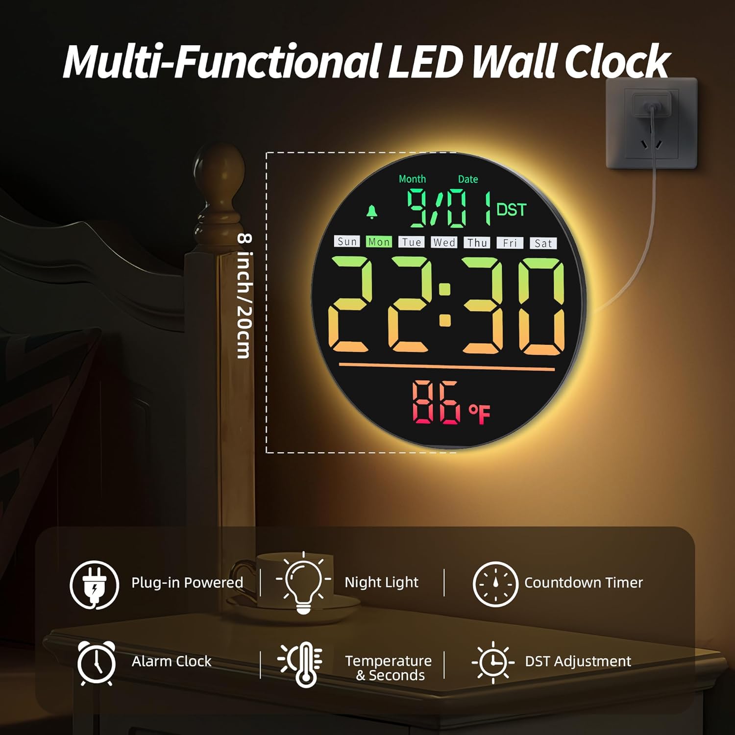 LED Digital Wall Clock with Timer, RGB Display, Temperature, Date & Alarm Function