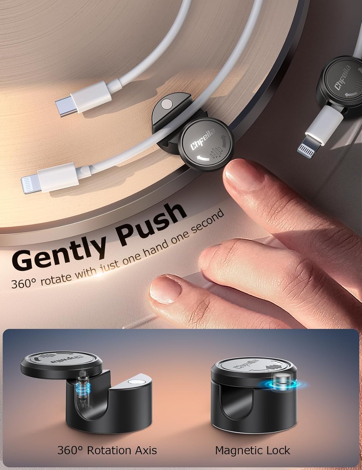6-Pack Magnetic Cable Tidy Clips – 360° Rotating Twist-Lock Cord Organiser