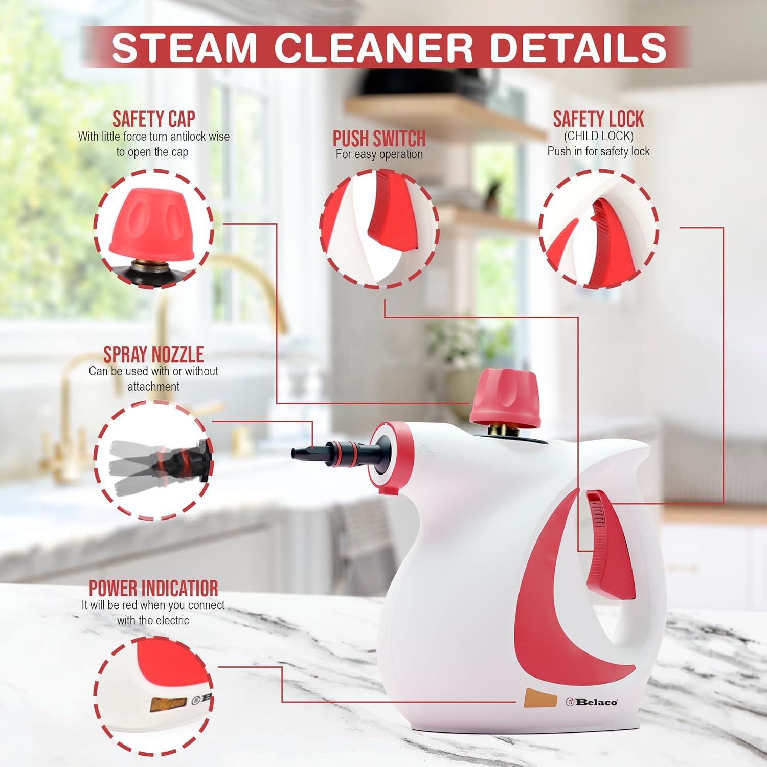 Belaco Handheld Steam Cleaner – High Pressure Multi-Purpose Steam Cleaner 1050W with 9 Accessories | Portable Chemical Free Steamer for Home, Kitchen, Bathroom, Tiles, Grout, Upholstery & Cars BSC389A