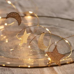 Filigree Gold Moon & Star Ramadan String Lights – 20 Warm White LEDs, Battery Operated with Timer, 1.9m Indoor Decor