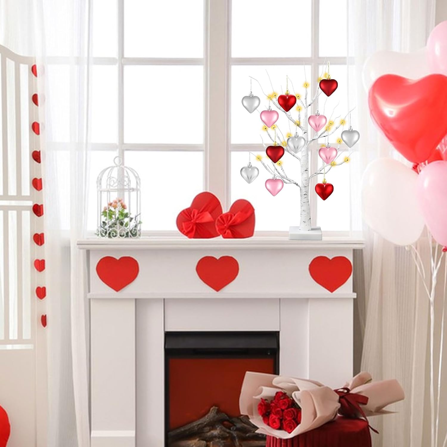 24 Inch Lighted Valentine Heart Tree, Pre-Lit Birch Style Table Décor with Heart Ornaments