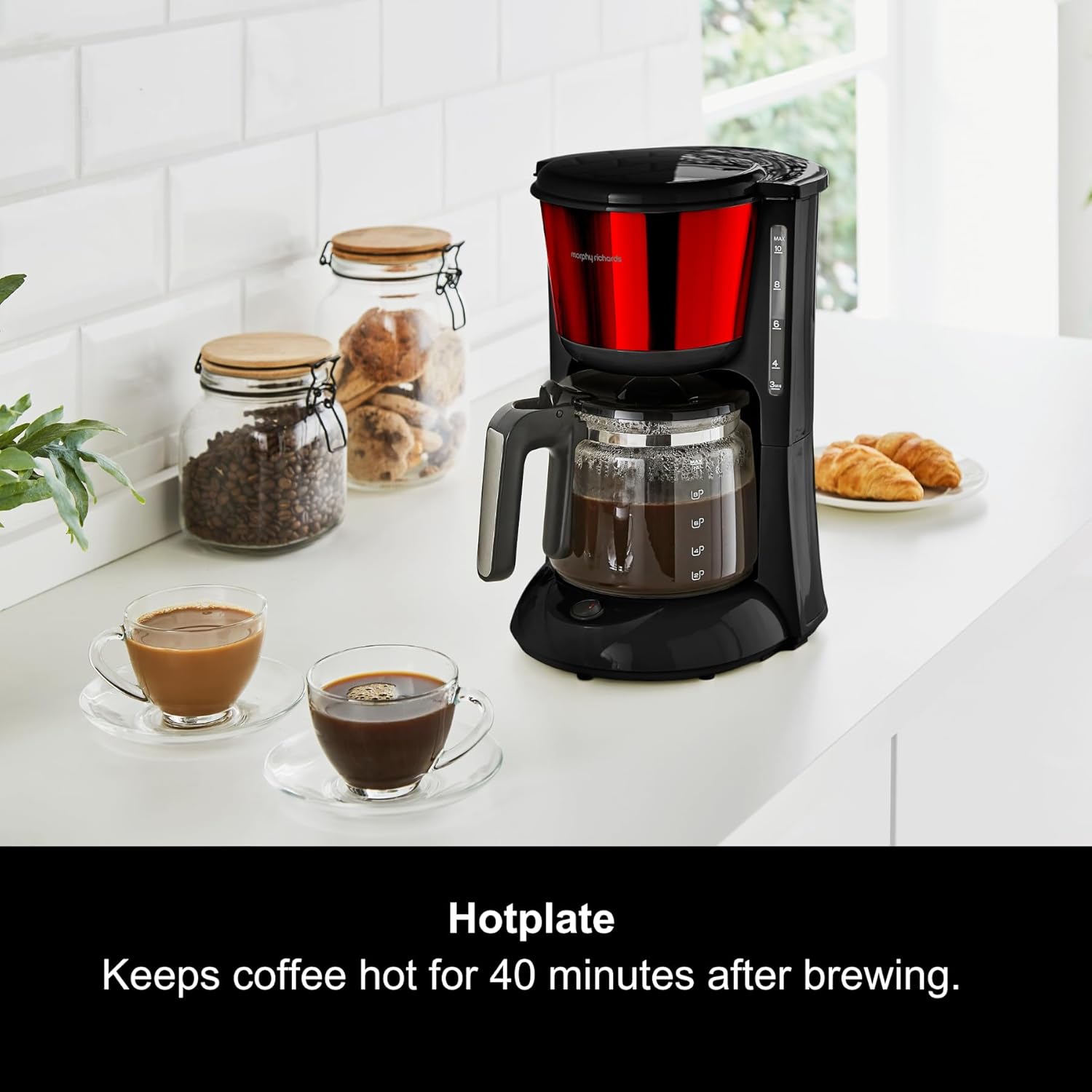 Filter Coffee Machine with Pour Over Technology, 10 Cup Capacity, Aroma Blender, Fast Brew, Anti Drip, Keep Warm Function, Easy Clean Reusable Filter, Red & Black
