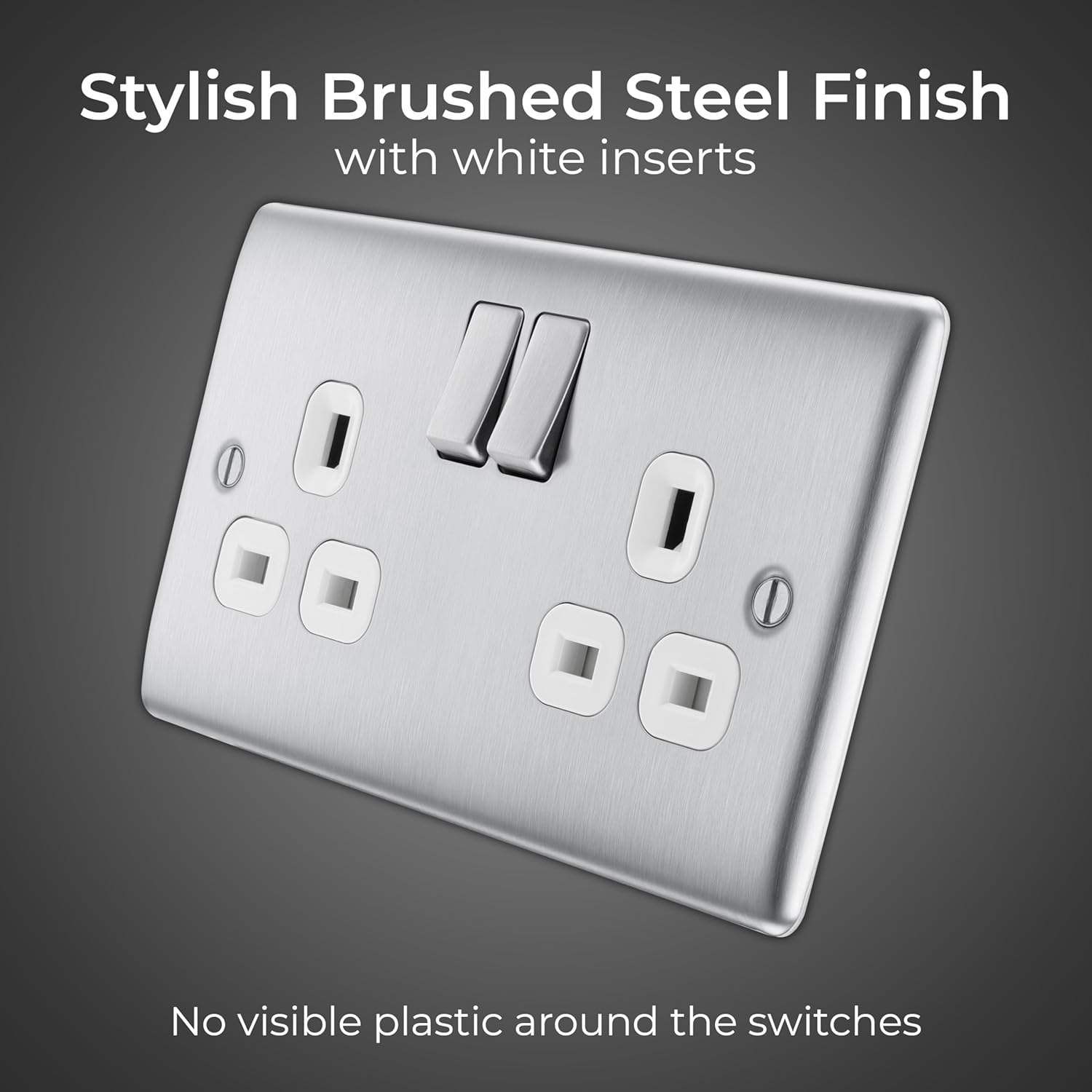 Double Switched 13A Brushed Steel Power Socket