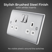 Double Switched 13A Brushed Steel Power Socket