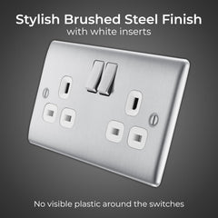 Double Switched 13A Brushed Steel Power Socket
