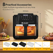 LLIVEKIT 15L Dual Air Fryer Oven – 2600W, 12-in-1, Rotisserie, SYNC Finish & Dual Cook, 8 Accessories, LED Touch Screen