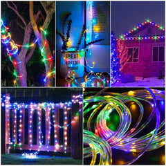 Collage of string lights in various settings including trees, windows, and fences.