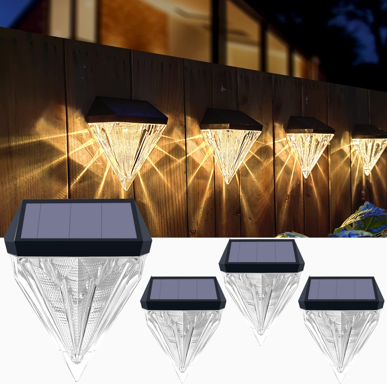 4-Pack Solar Fence Lights - Decorative Diamond LED, Waterproof Solar Powered for Garden Steps, Yard, Post, Stair, and Deck, Warm White