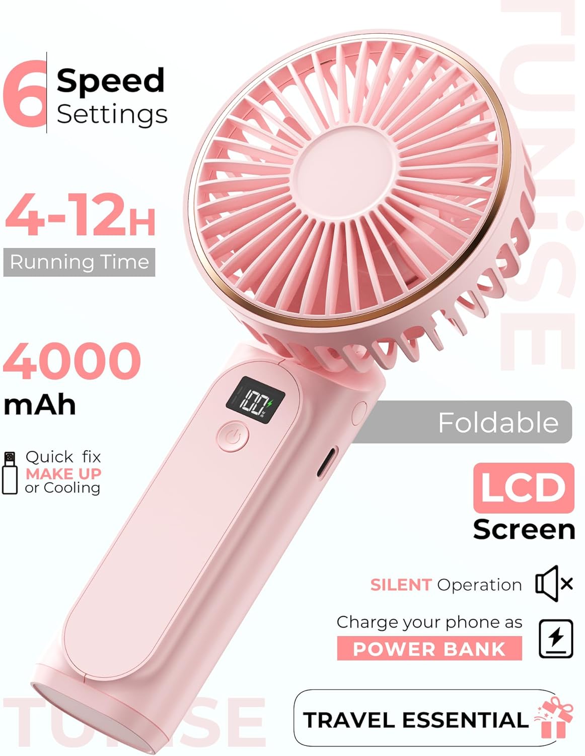 Handheld Portable Fan With 4000mAh, LED Display, 180° Adjustable Rechargeable, 6 Speed Power Bank for Home Office Bedroom Outdoor