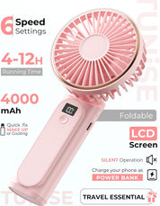 Handheld Portable Fan With 4000mAh, LED Display, 180° Adjustable Rechargeable, 6 Speed Power Bank for Home Office Bedroom Outdoor